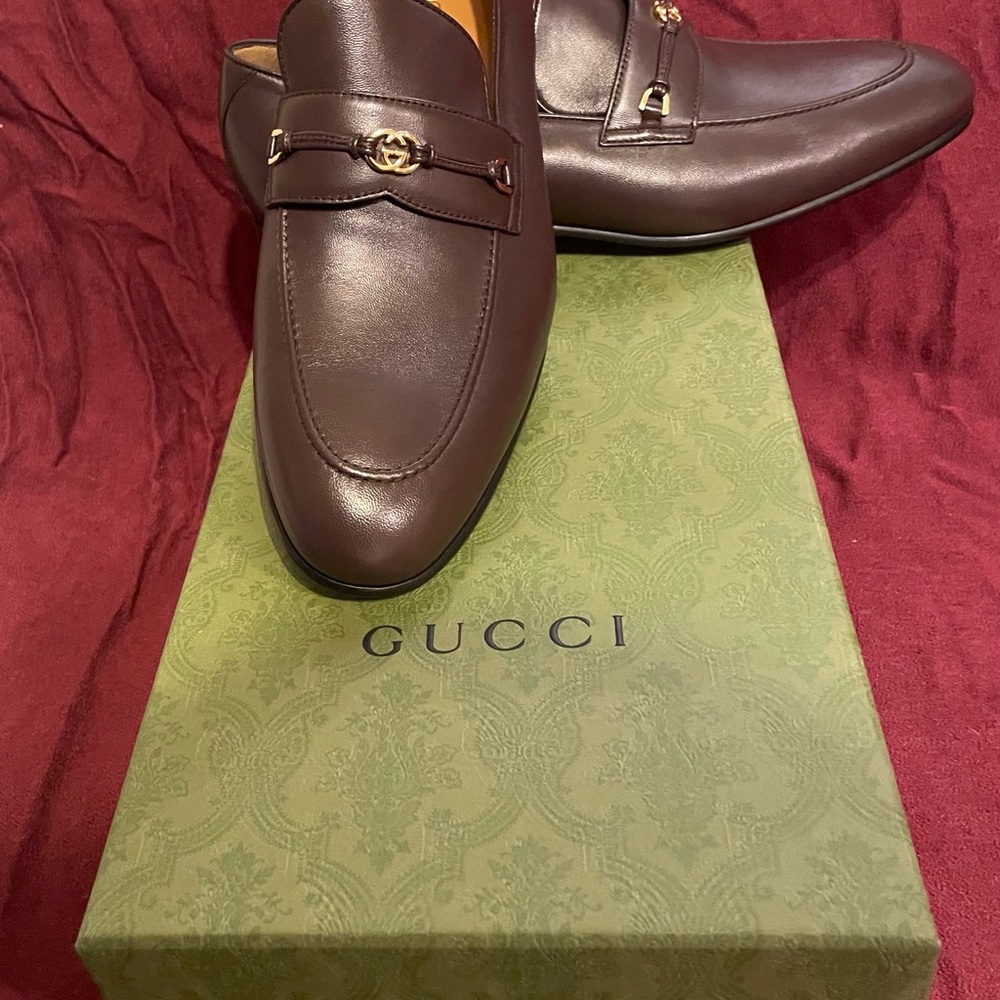 Brand New Men Gucci Brown Slip-On Loafers with Gold GG On The Front Of Loafer